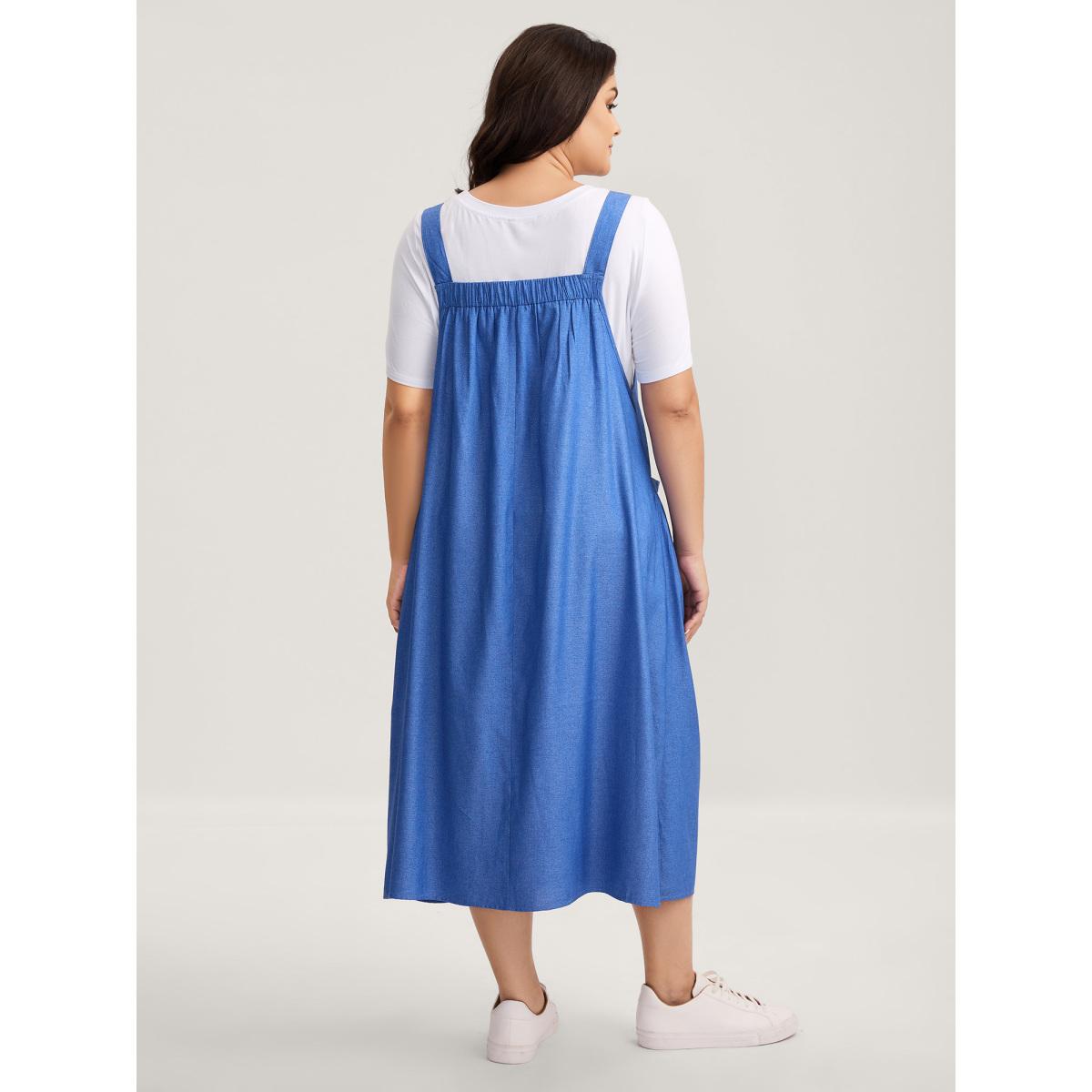 Plus Size Overall Straps Pleated Pockets Midi Dress Cerulean Women Square Neck Sleeveless Curvy BloomChic 28/5X Product Image