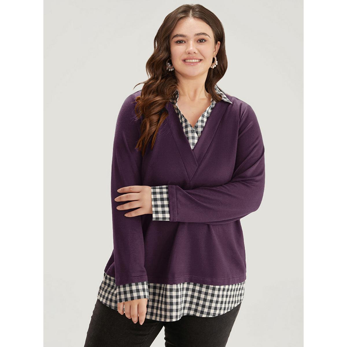 Plus Size Gingham Patchwork Shirt Collar Arc Hem Sweatshirt Women Blue Leisure Patchwork V-neck Casual Sweatshirts BloomChic 14-16/1X Product Image