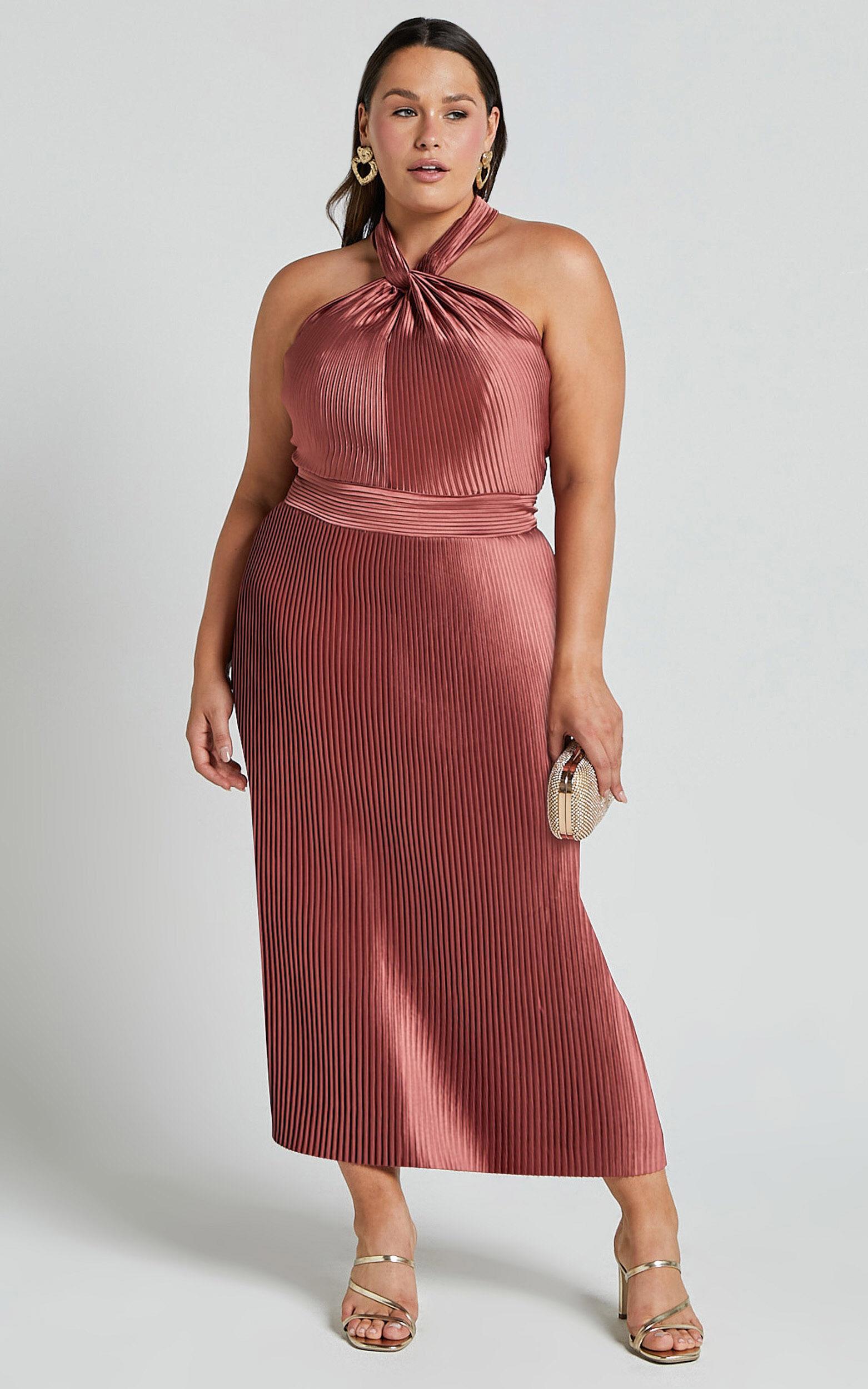 Marlette Midi Dress - Pleated Open Back Halter Dress in Rust Product Image