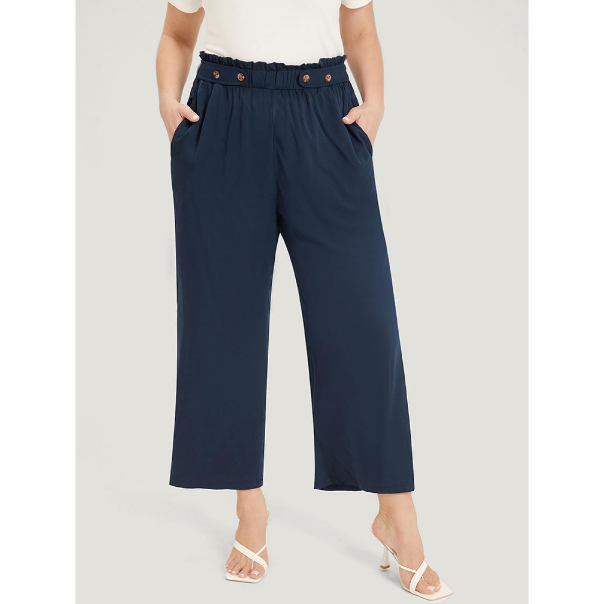 Plus Size Plain Pocket Paperbag Waist Button Detail Pants Women Indigo Elegant Straight Leg High Rise Dailywear Pants BloomChic 10/M Product Image