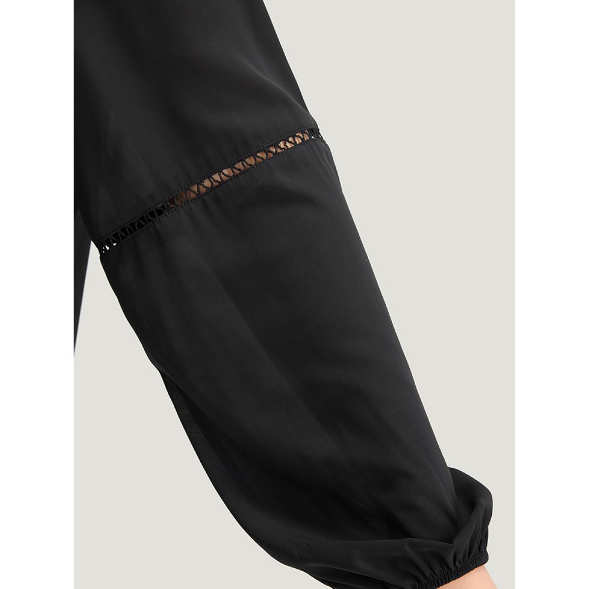 Plus Size Black Anti-Wrinkle Pompom Trim Guipure Lace Keyhole Blouse Women Office Long Sleeve Round Neck Dailywear Blouses BloomChic 18-20/2X Product Image