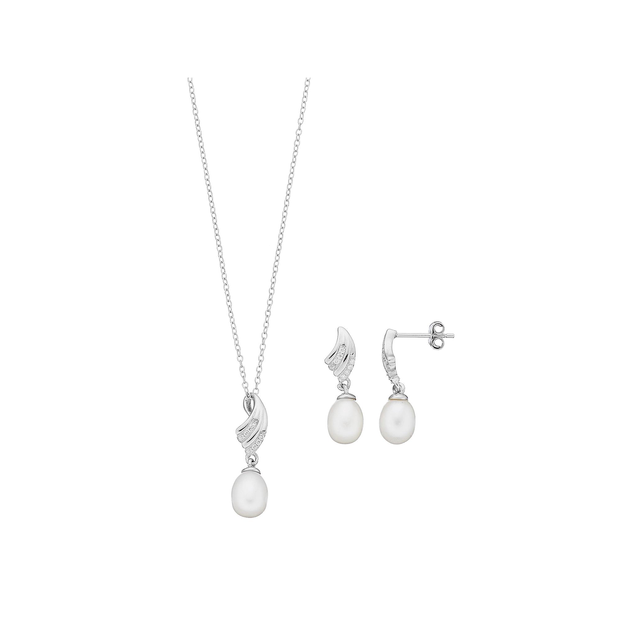 Sterling Silver Freshwater Cultured Pearl & Cubic Zirconia Pendant & Drop Earring Set, Women's, Size: 18", Silver Tone Product Image