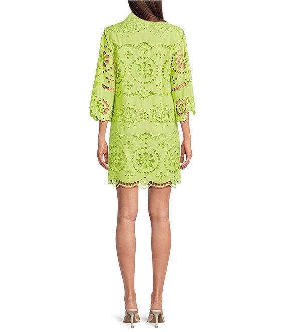 tyler boe Penny Eyelet Point Collar Split V-Neck 3/4 Bell Sleeve Scallop Dress Product Image