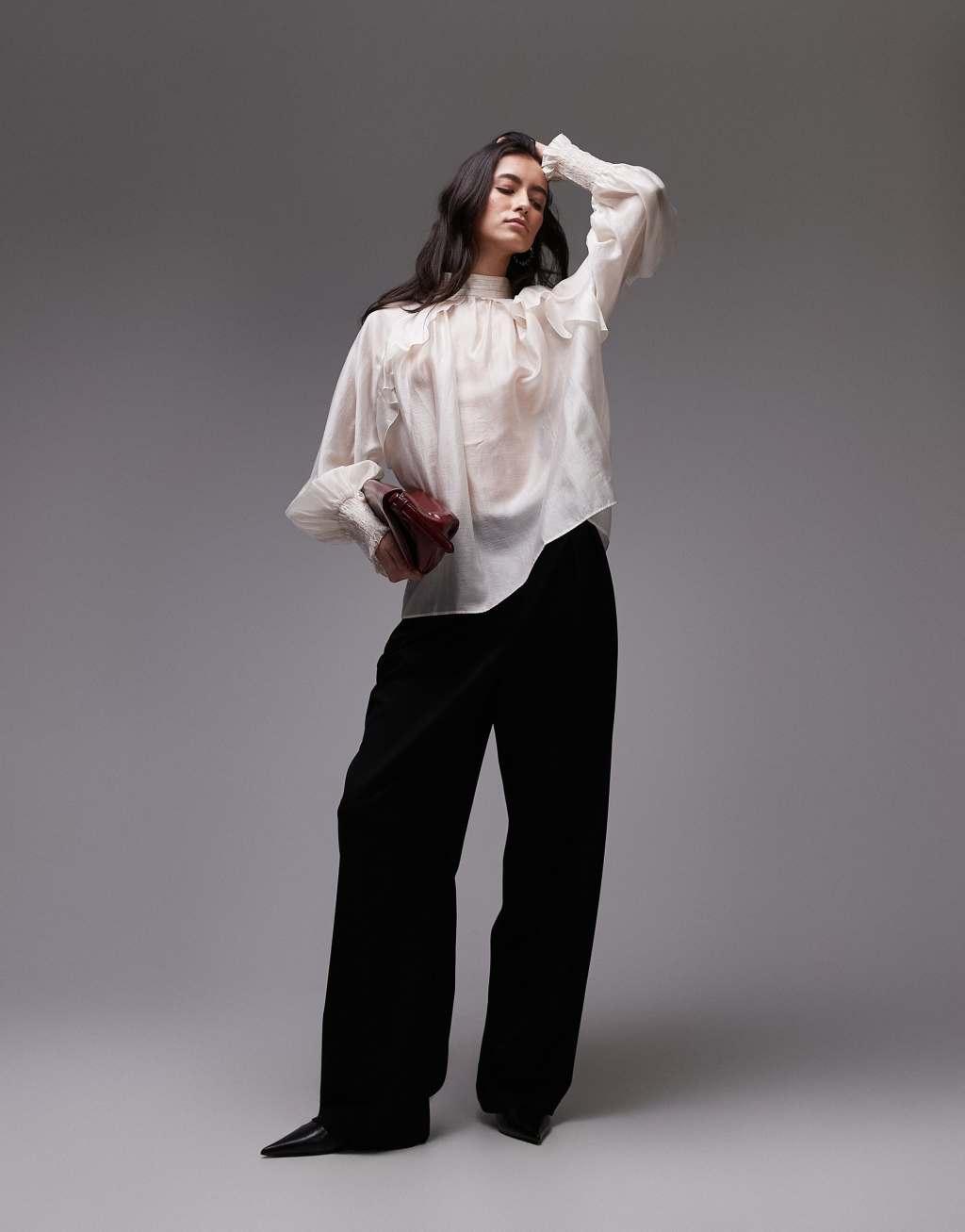 & Other Stories sheer volume blouse with frill detail in white Product Image