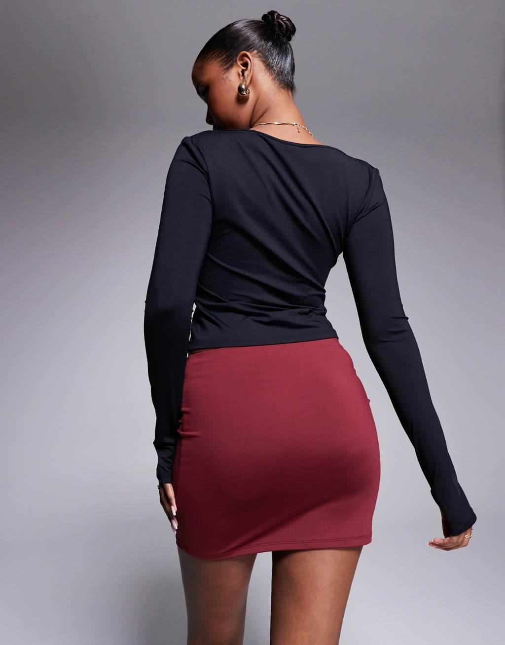 ASOS DESIGN ruched waist mini skirt in burgundy Product Image
