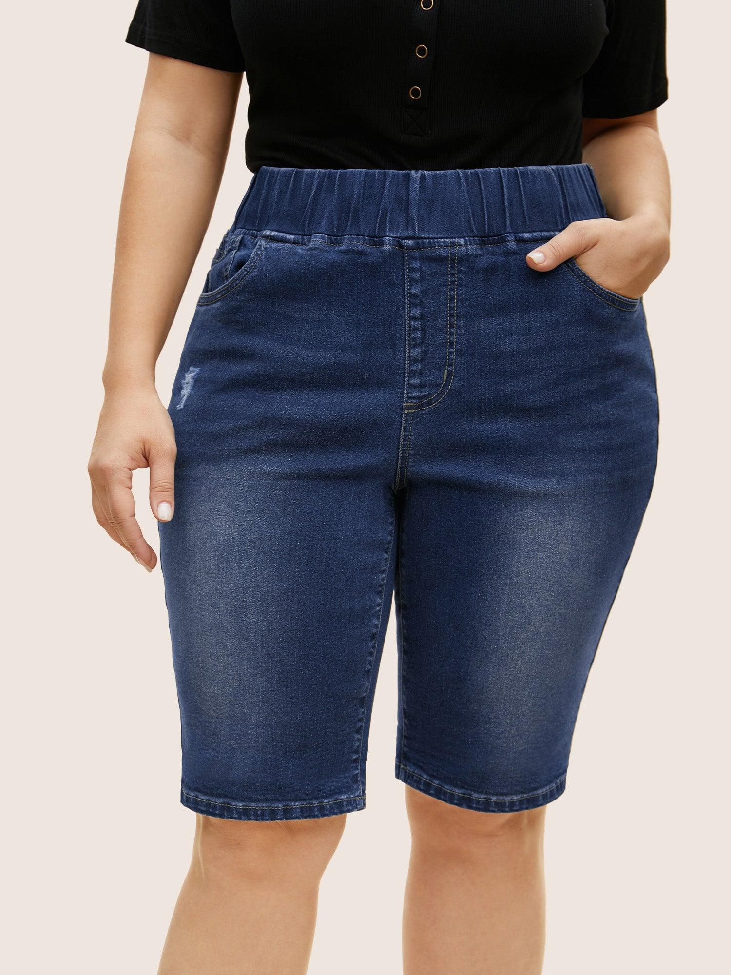 Dark Wash Distressed Roll Hem Denim Shorts Female Product Image