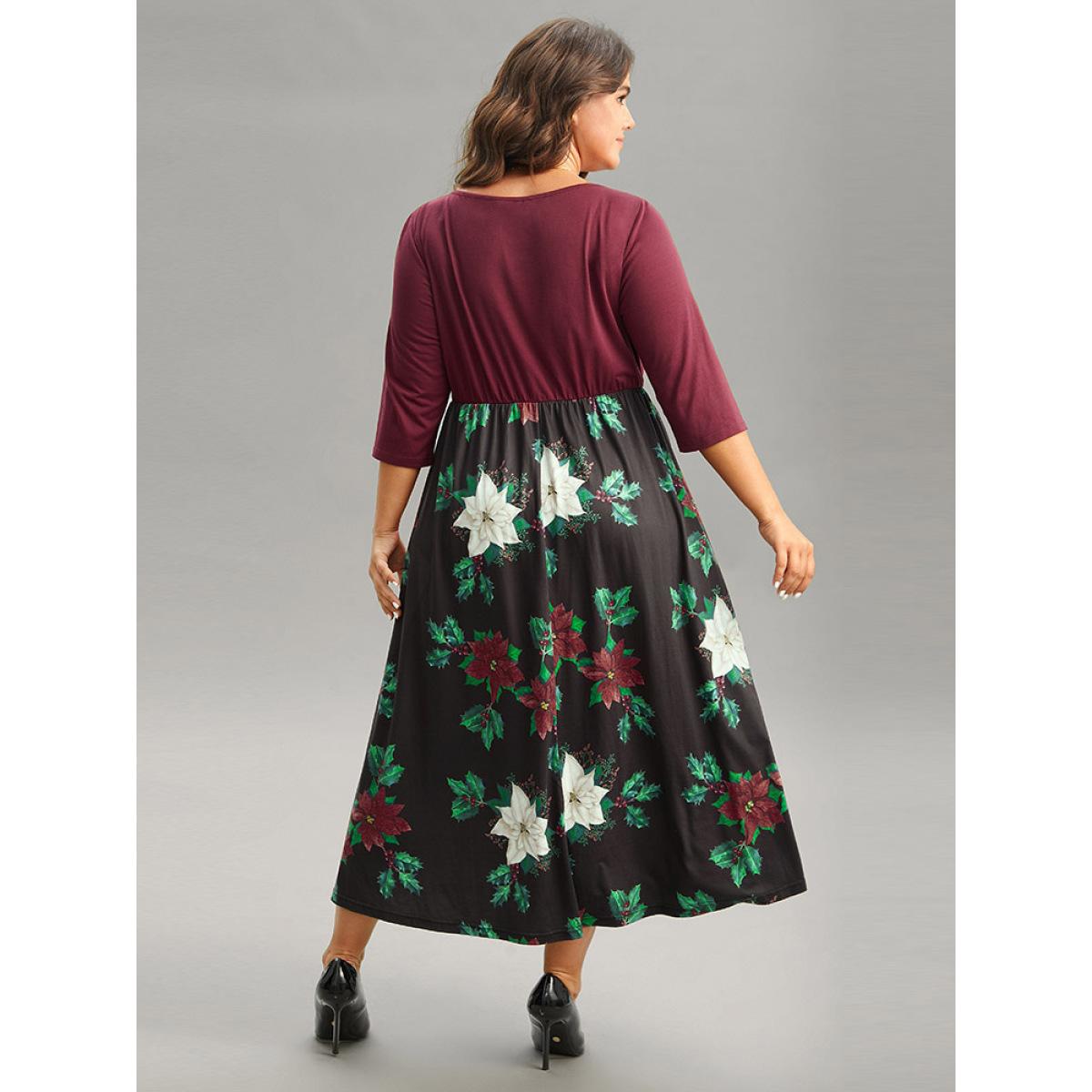 Plus Size Floral Patchwork Elastic Waist Ruched Dress Scarlet Women Office Gathered Square Neck Long Sleeve Curvy Midi Dress BloomChic 30/6X Product Image