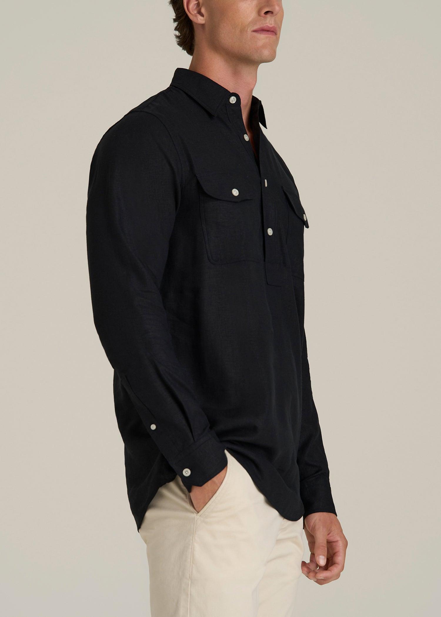 Linen Popover Shirt for Tall Men in Black Male Product Image