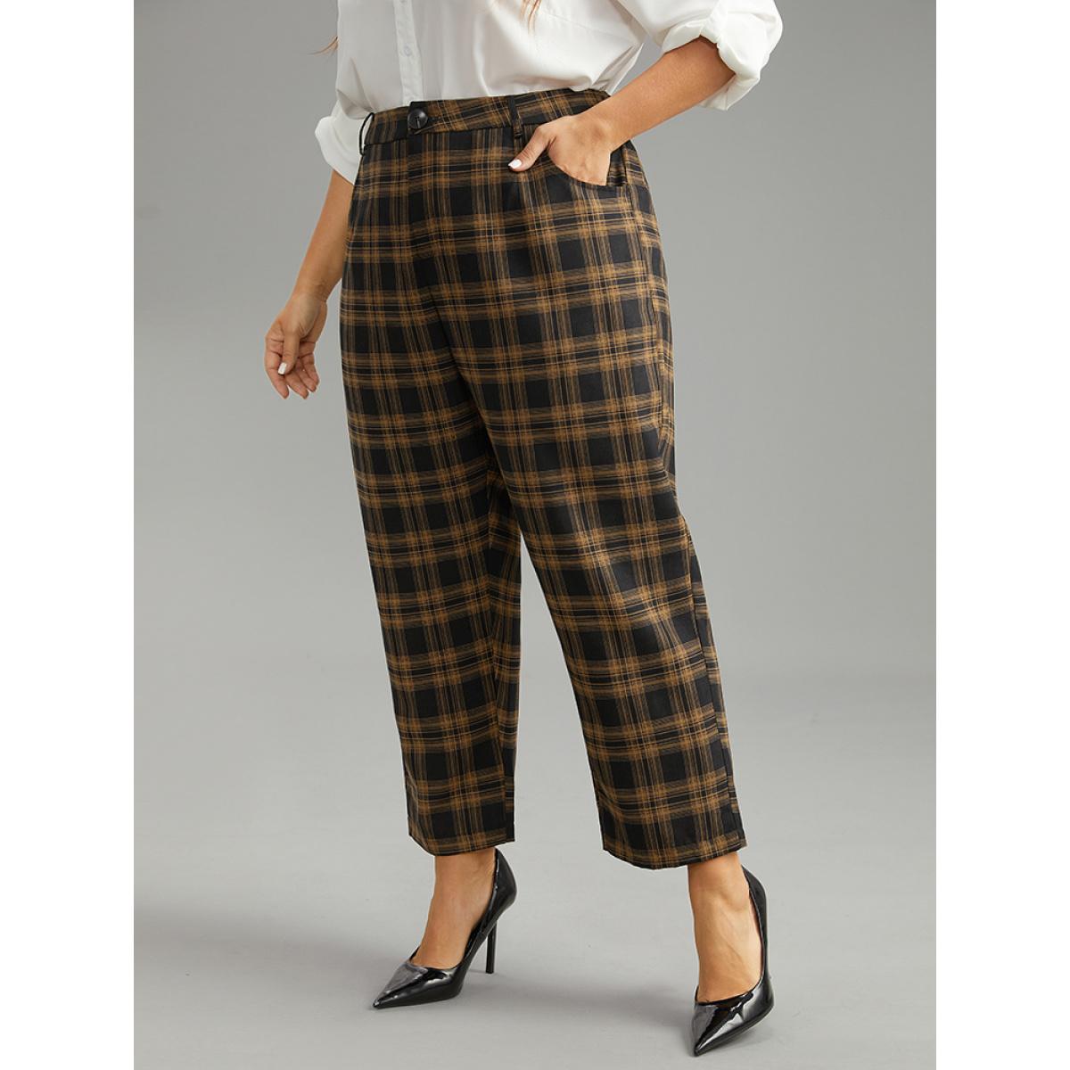 Plus Size Plaid High Rise Pocket Elastic Waist Pants Women Black Office Straight Leg High Rise Work Pants BloomChic 12/L Product Image