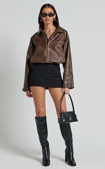 Sophia Jacket - Crop PU Bomber Jacket in Brown Product Image
