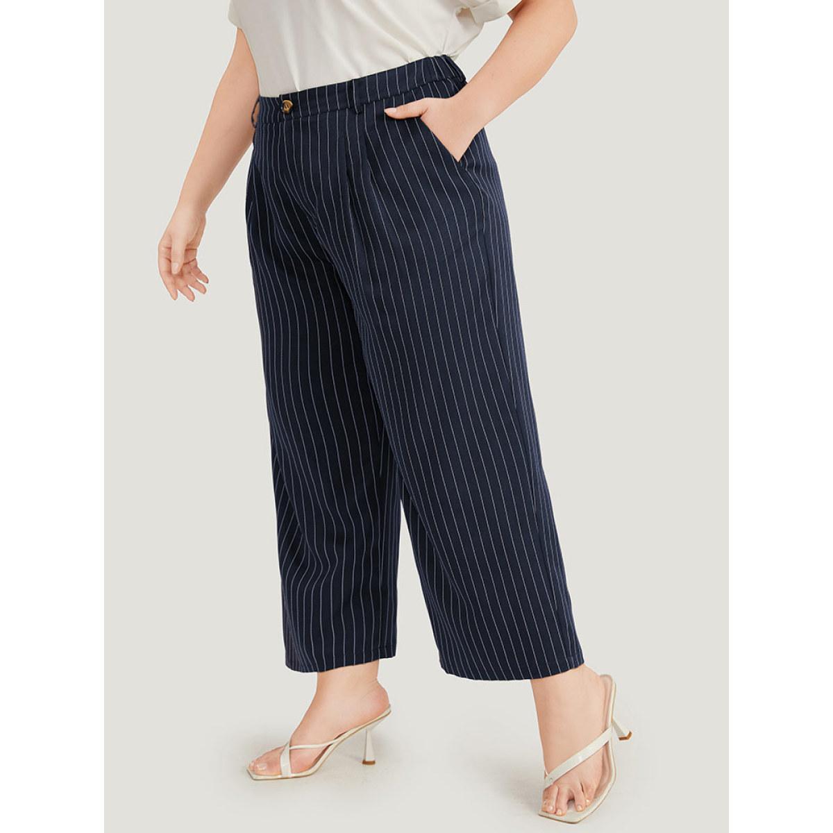 Plus Size Striped Pocket Loose Pleated Button Fly Pants Women Indigo At the Office Straight Leg High Rise Work Pants BloomChic 12/L Product Image