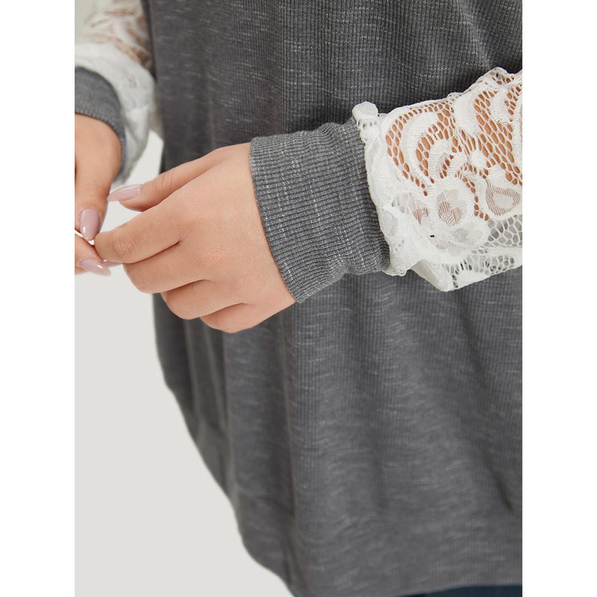Plus Size Lace Panel Raglan Sleeve Elastic Cuffs Sweatshirt Women Gray Elegant Elastic cuffs Round Neck Dailywear Sweatshirts BloomChic 22-24/3X Product Image