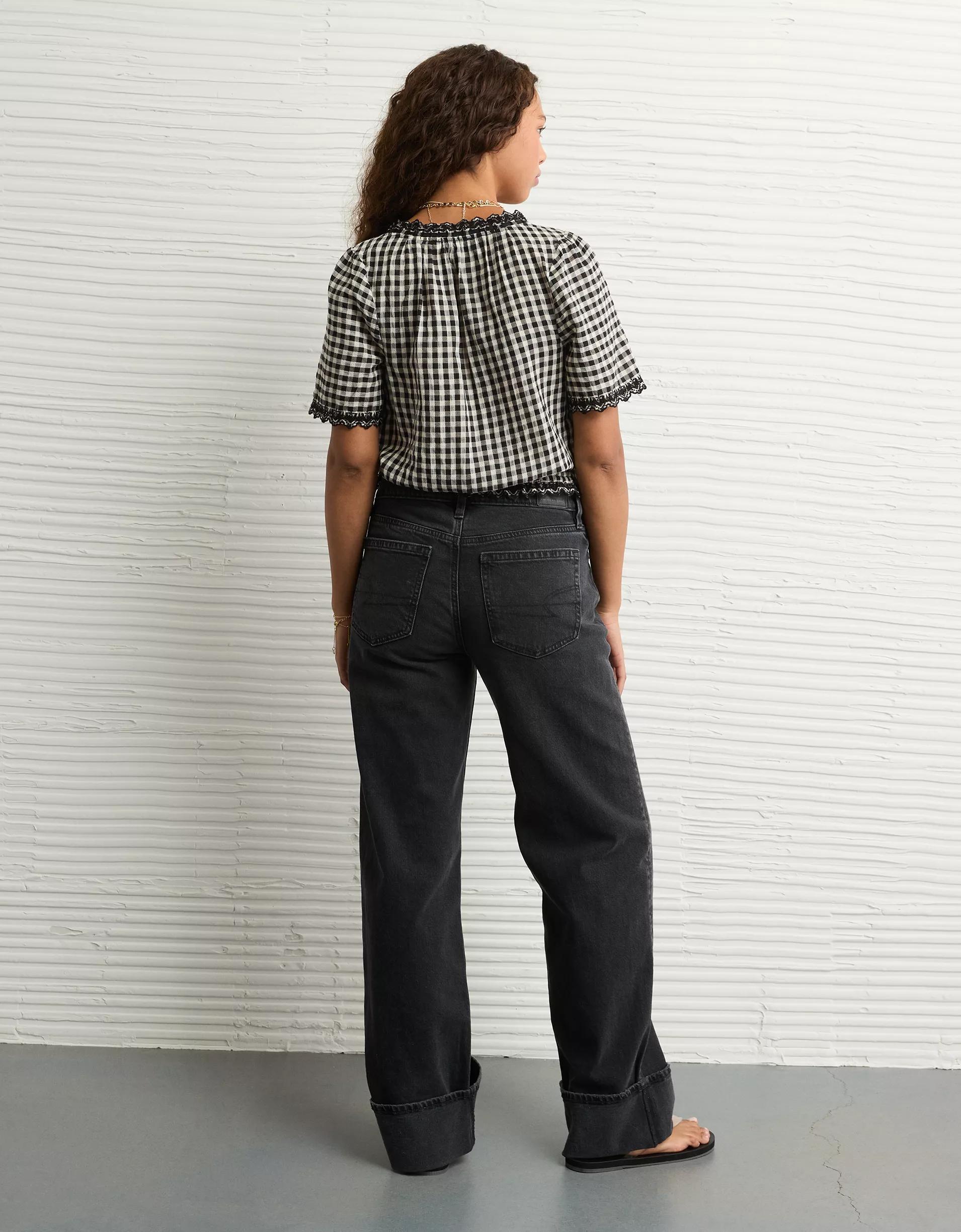 AE Short-Sleeve Gingham Button-Up Blouse Product Image