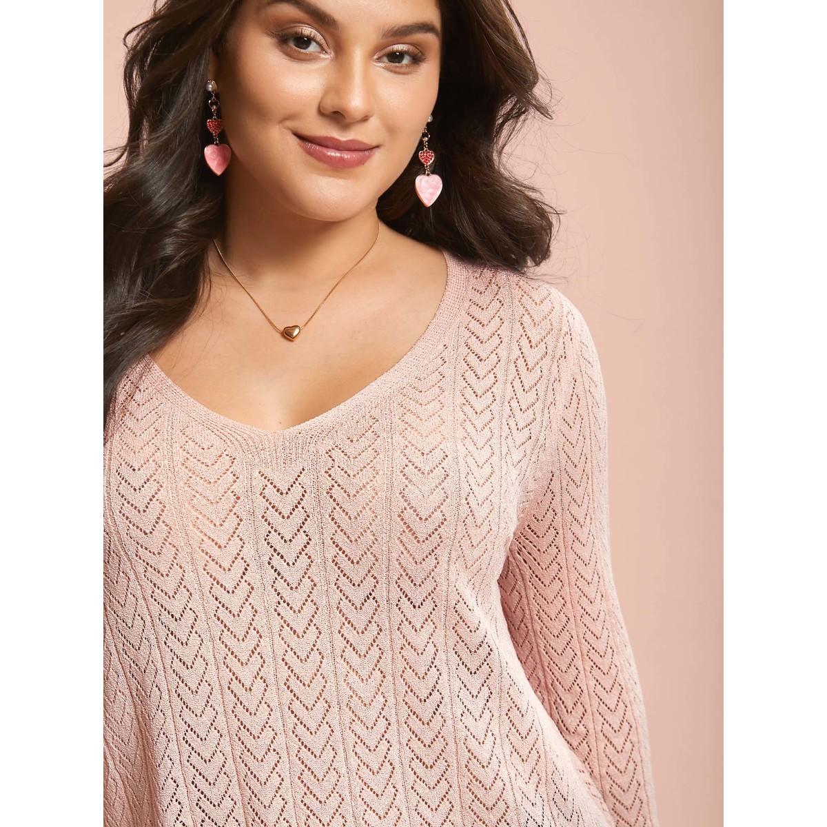 Plus Size Plain Hollow Out Romantic Textured Pullover Nudepink Women Casual Loose Long Sleeve V-neck Everyday Pullovers BloomChic 28/5X Product Image
