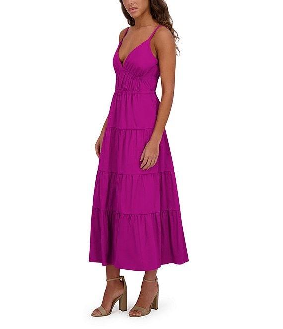 SIENA Solid Stretch Cotton Blend Plunge V-Neck Sleeveless Tiered Hem A-Line Midi Dress Product Image