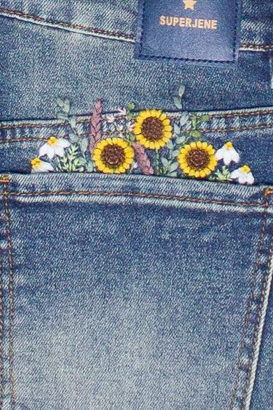 Embroidered Flowers Cut Off Denim Shorts Product Image