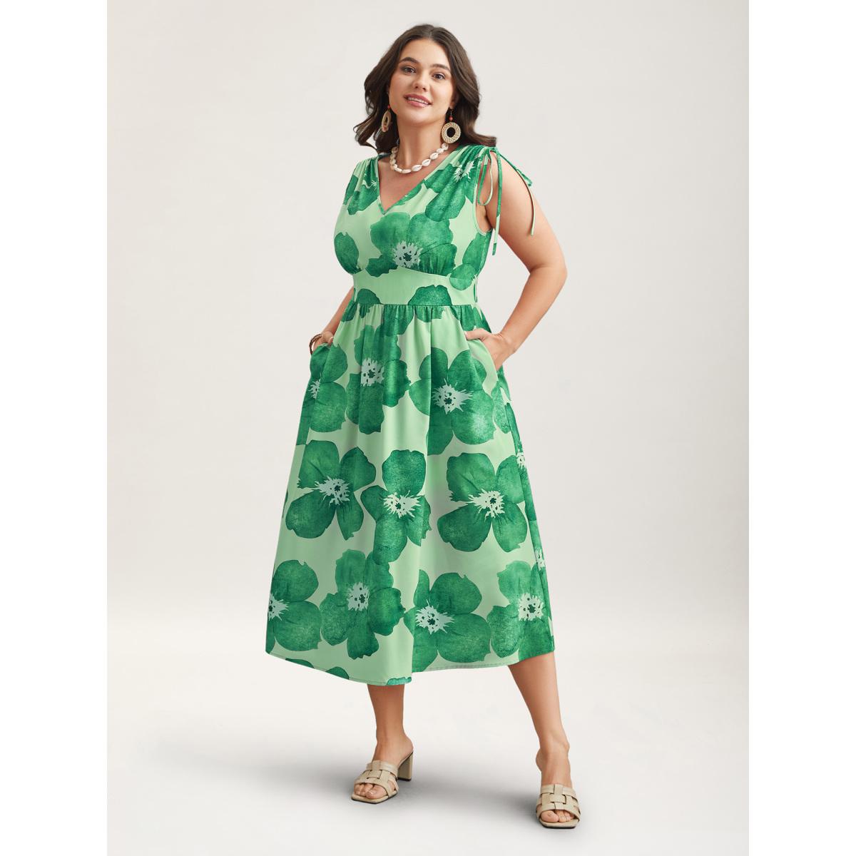 Plus Size Floral Print V-Neck Tied Midi Dress Greenbean Women Elegant Gathered V-neck Sleeveless Curvy BloomChic 10/M Product Image
