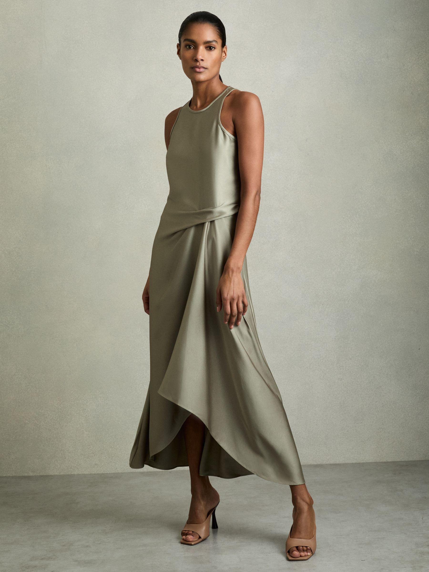Satin Drape Tuck Midi Dress in Khaki Product Image