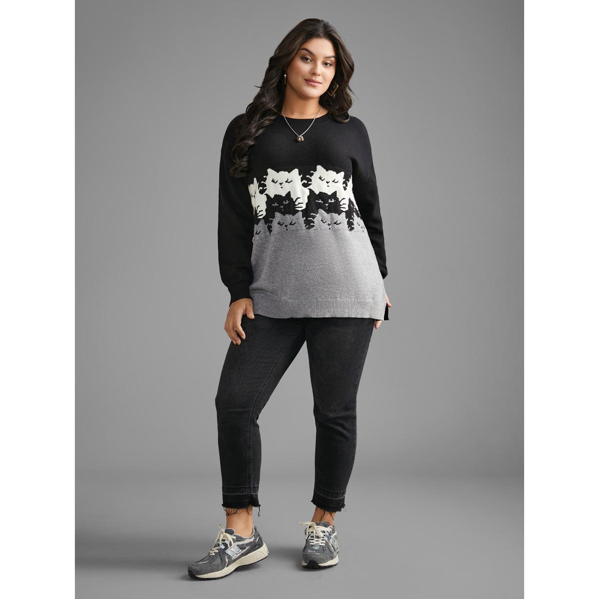 Plus Size Cat Contrast Drop Shoulder Pullover Black Women Playful Loose Long Sleeve Round Neck Casual Pullovers BloomChic 12/L Product Image