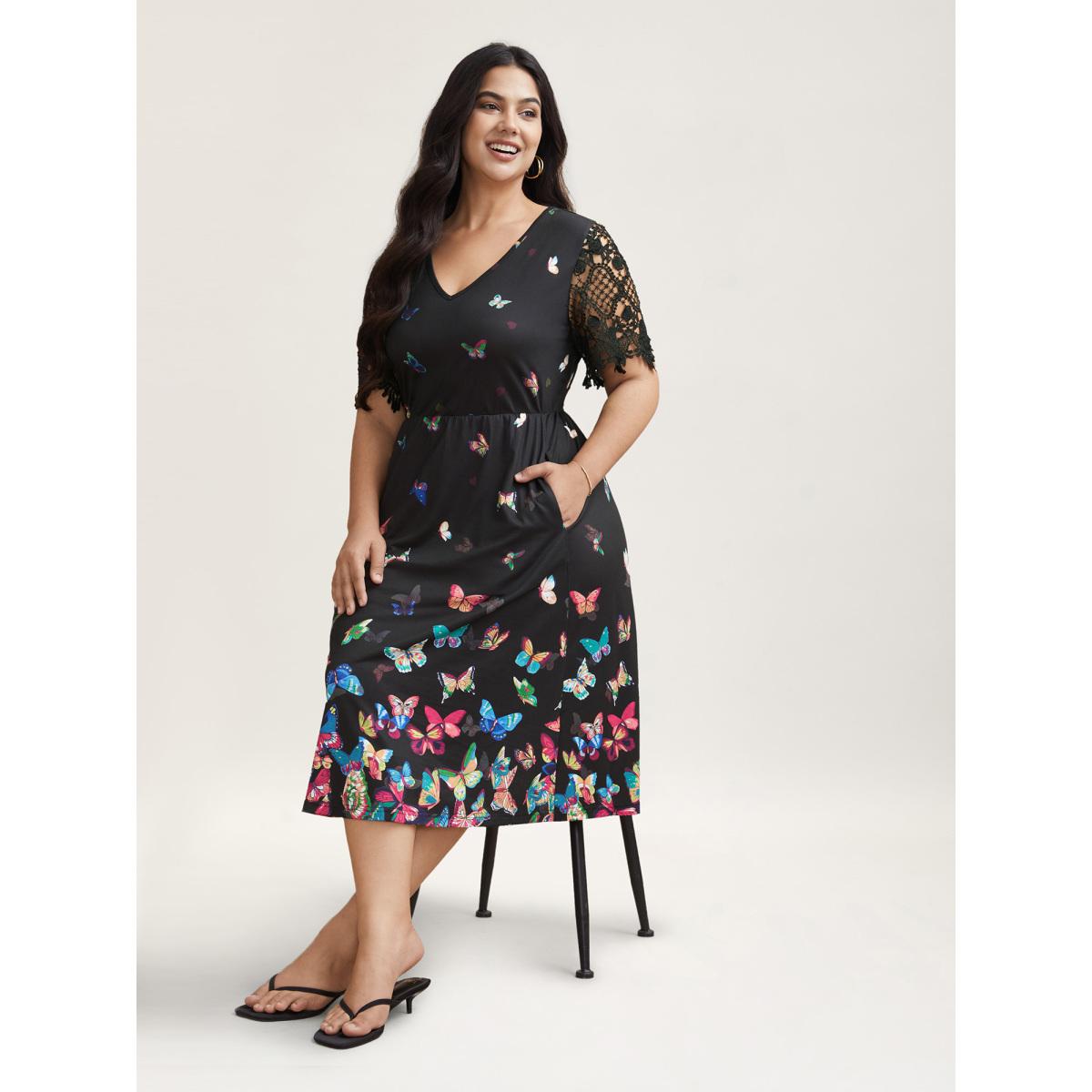 Plus Size Butterfly Print V-Neck Lace Midi Dress Multicolor Women Casual Woven ribbon&lace trim Knit Dresses Bloomchic 26/4X Product Image