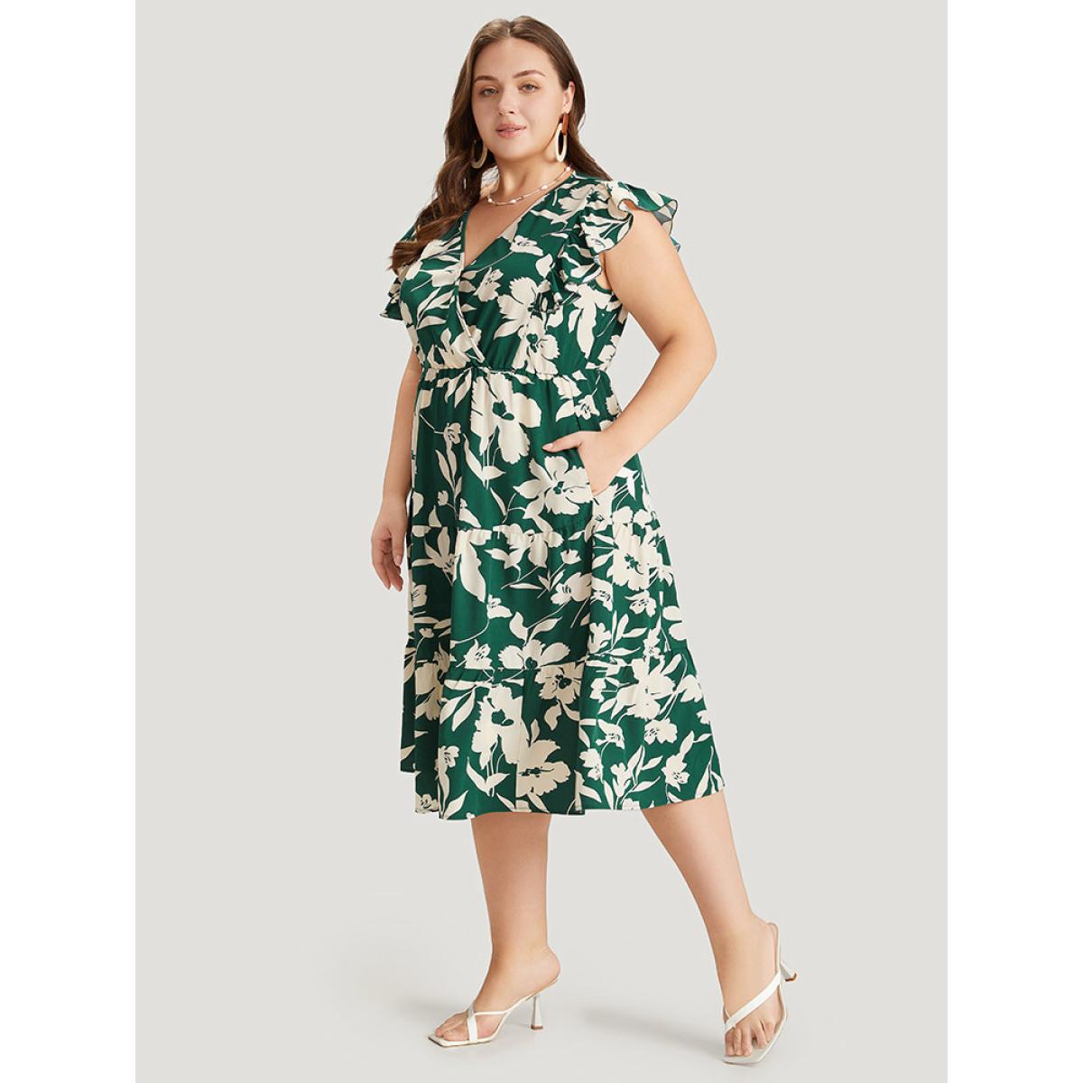 Plus Size Floral Ruffles Cap Sleeve Pocket Button Wrap Dress Green Women Elegant Gathered V-neck Sleeveless Curvy Midi Dress BloomChic 30/6X Product Image