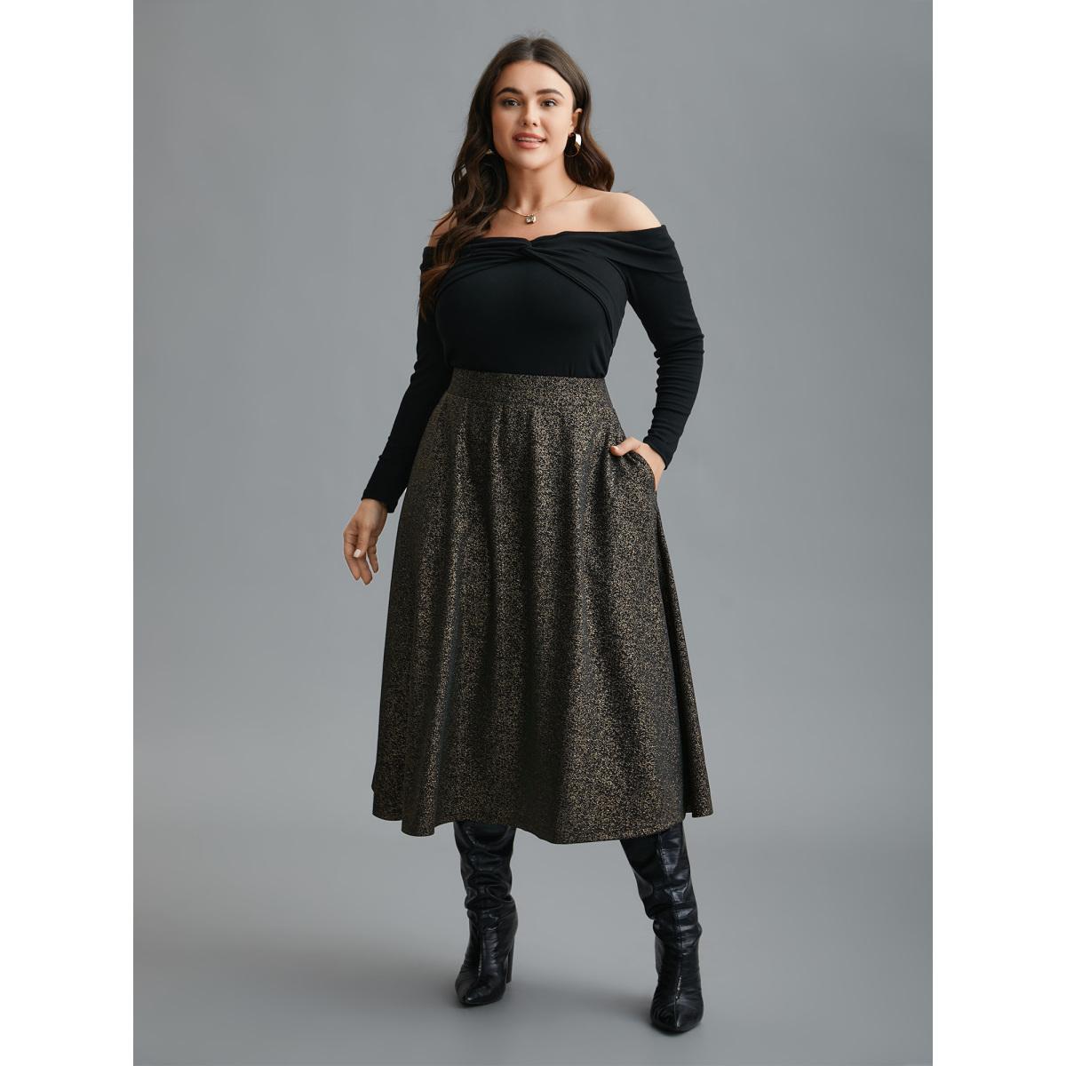 Plus Size Glitter Elastic Waist Pocket Midi Skirt Women Champagne Elegant Low stretch Slanted pocket Everyday Skirts BloomChic 14-16/1X Product Image