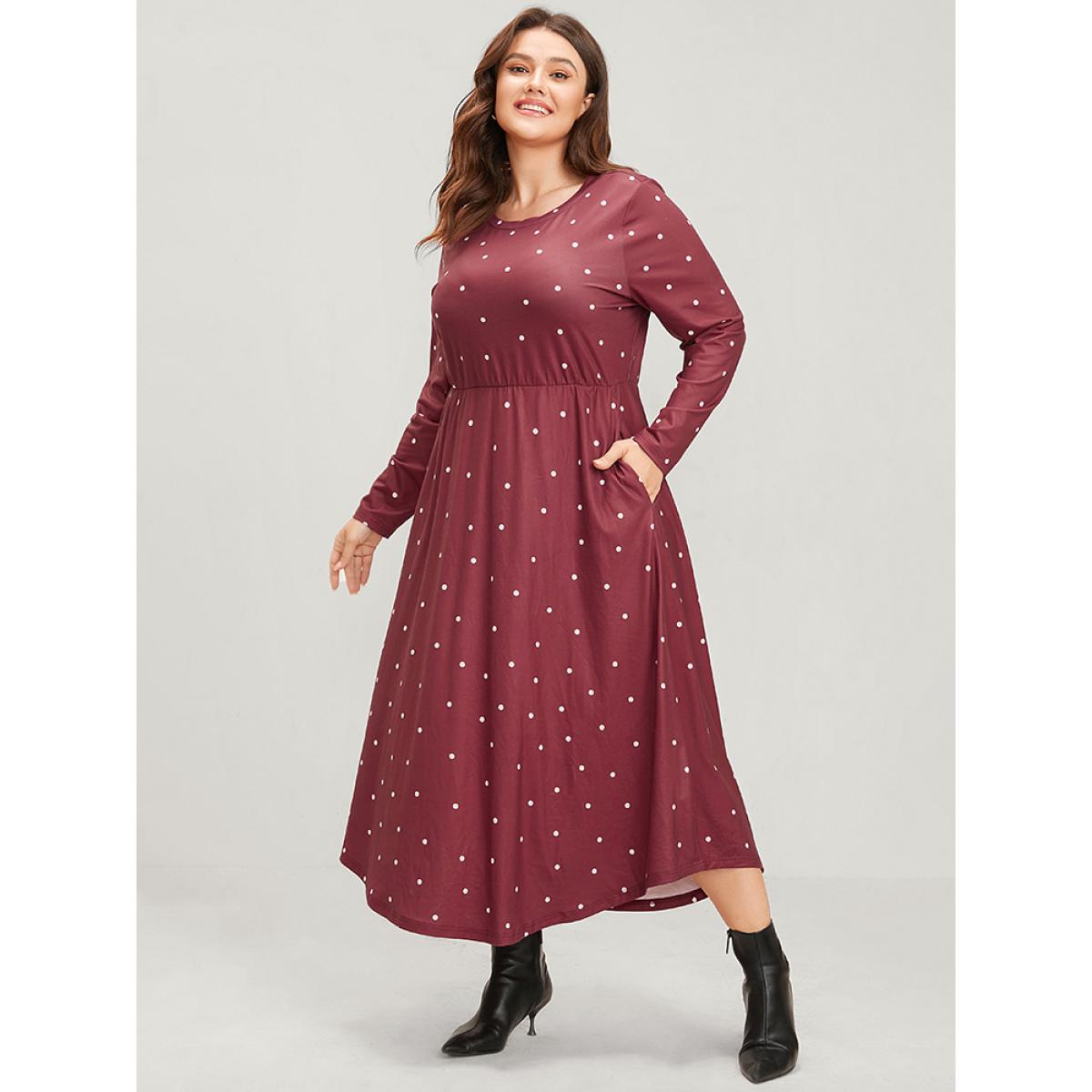 Plus Size Polka Dot Pocket Round Neck Midi Dress DustyPink Women Elegant Pocket Round Neck Long Sleeve Curvy Midi Dress BloomChic 14-16/1X Product Image