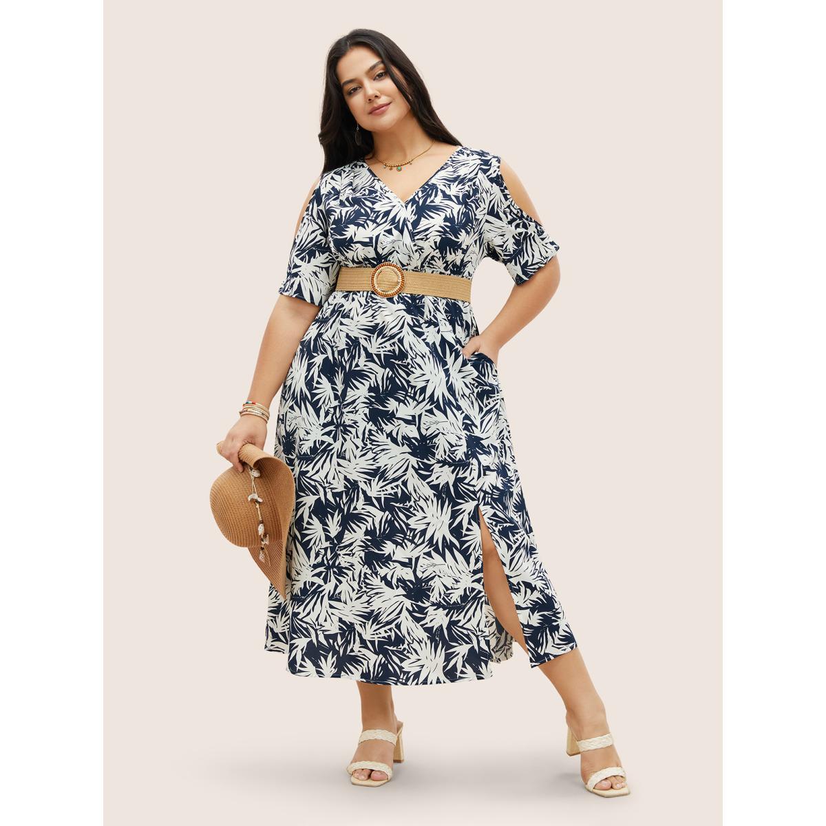 Plus Size Tropical Print Overlap Collar Shirred Cut Out Dress DarkBlue Women Resort Overlapping Overlap Collar Short sleeve Curvy Midi Dress BloomChic 30/6X Product Image