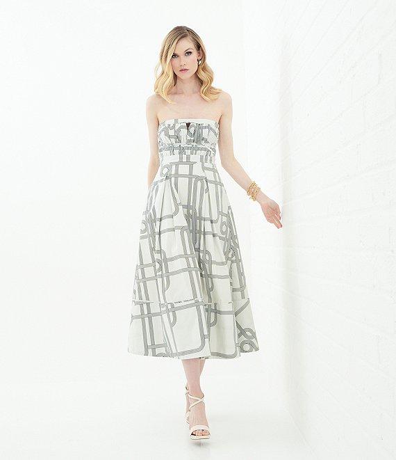 Le' AL.X Knot Print Woven Ruched Straight Keyhole Neck Spaghetti Strap A-Line Midi Coordinating Dress Product Image