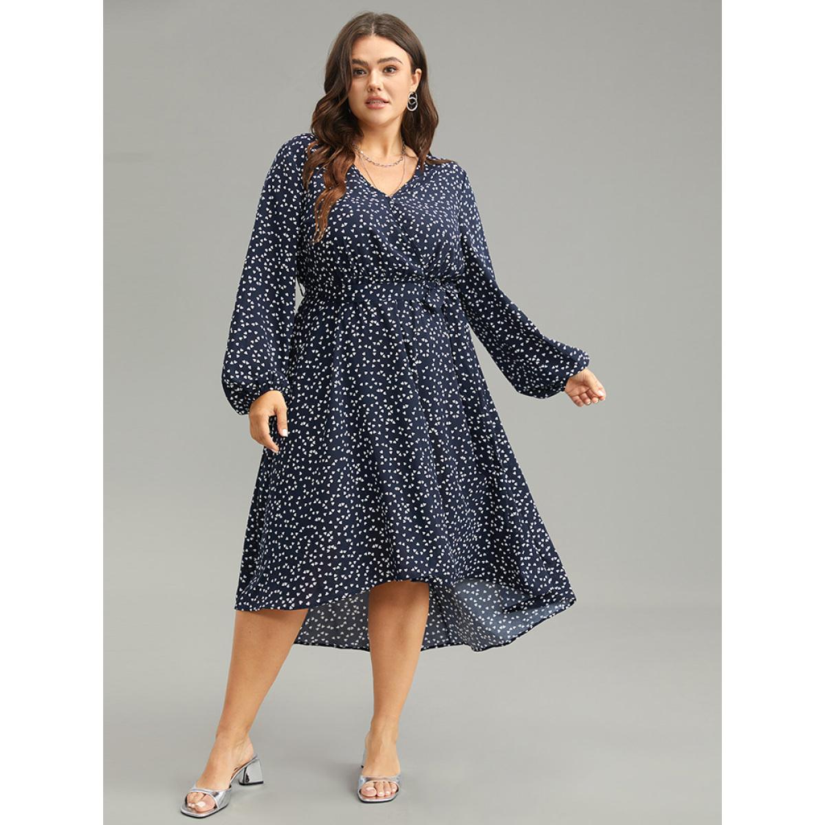 Plus Size Heart Print Belted Surplice Neck Dress DarkBlue Women Elegant Elastic cuffs V-neck Long Sleeve Curvy Midi Dress BloomChic 30/6X Product Image