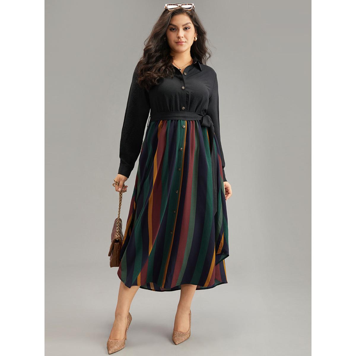 Plus Size Colour Striped Patchwork Belted Button Through Dress Indigo Women Office Belted Shirt collar Long Sleeve Curvy Midi Dress BloomChic 28/5X Product Image