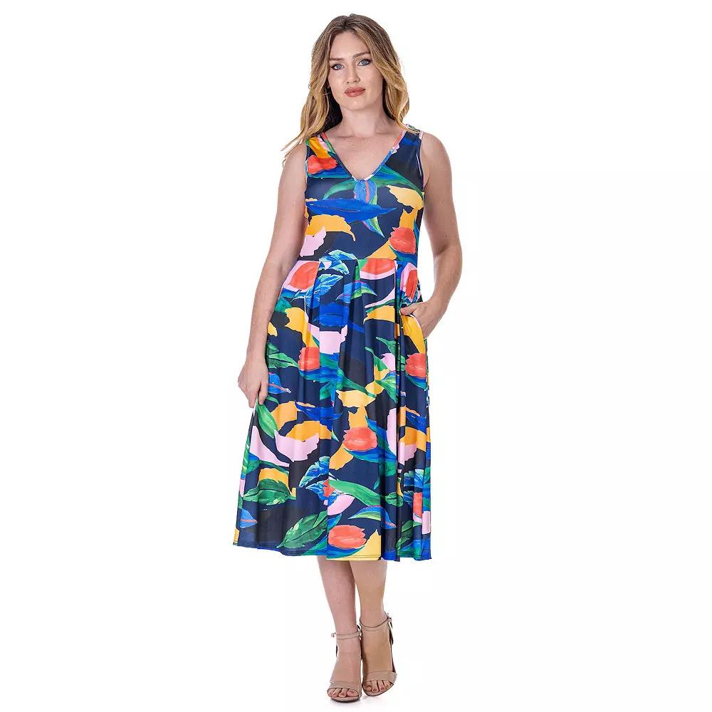 Women's 24Seven Comfort Apparel Midi Length Geo Print Sleeveless Pleated Pocket Dress,  Product Image