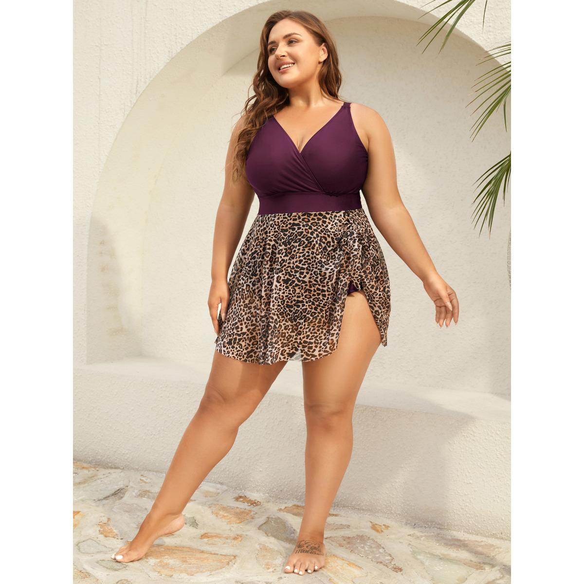 Plus Size Leopard Print Knotted Surplice Swim Dress Women's Swimwear Aegean Beach Bodycon Overlap Collar High stretch Curve Swim Dresses BloomChic 18-20/2X Product Image
