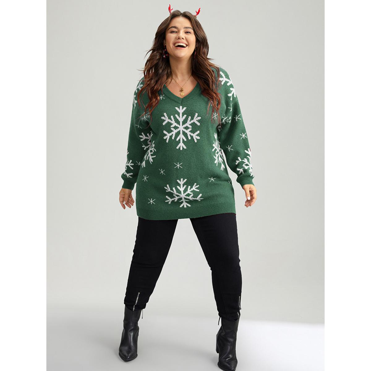 Plus Size Anti-Pilling Snowflake Print Pullover DarkBrown Women Playful Loose Long Sleeve V-neck Casual Pullovers BloomChic 12/L Product Image
