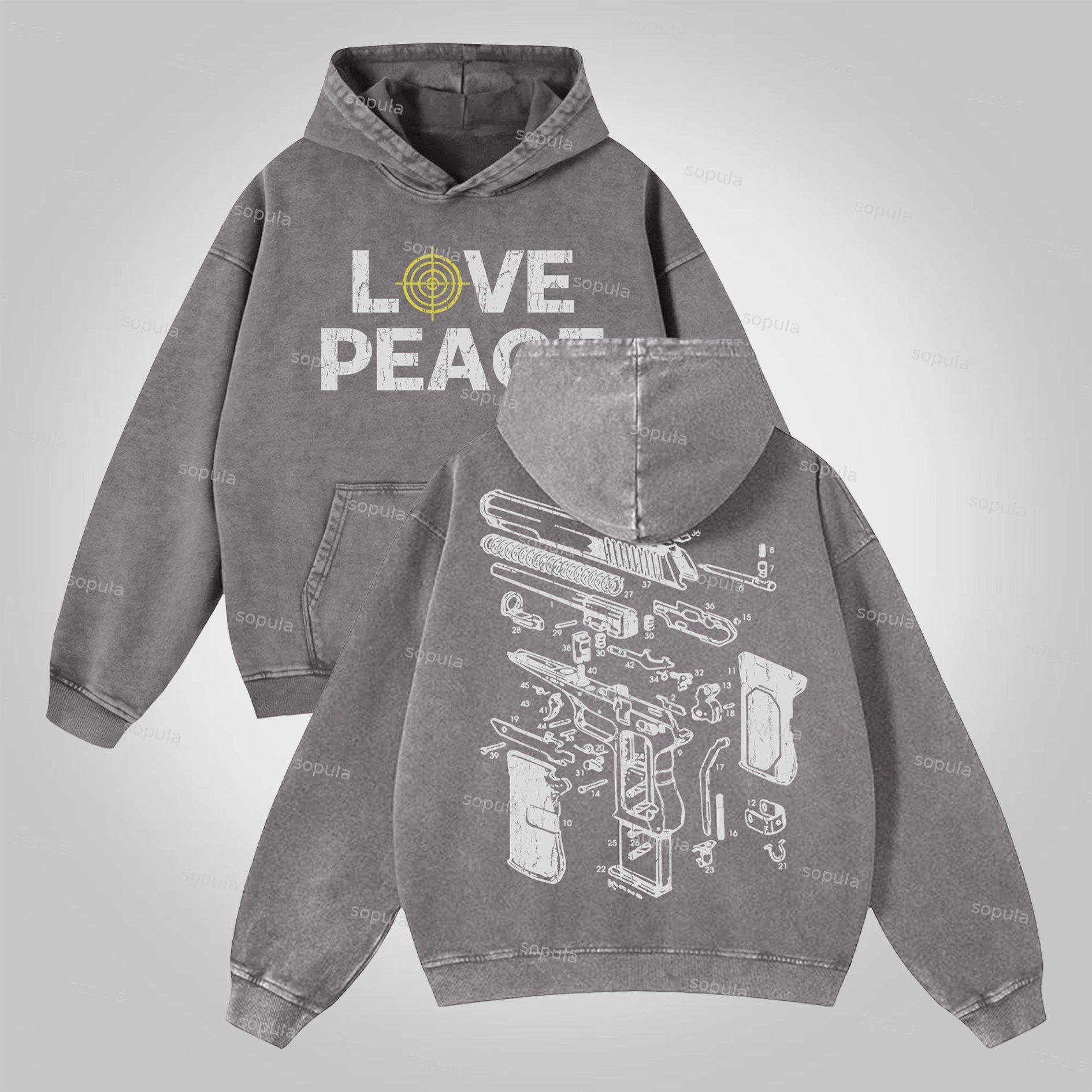 Sopula Love Peace Retro Deconstructed Gun Graphic Washed Hoodie Product Image