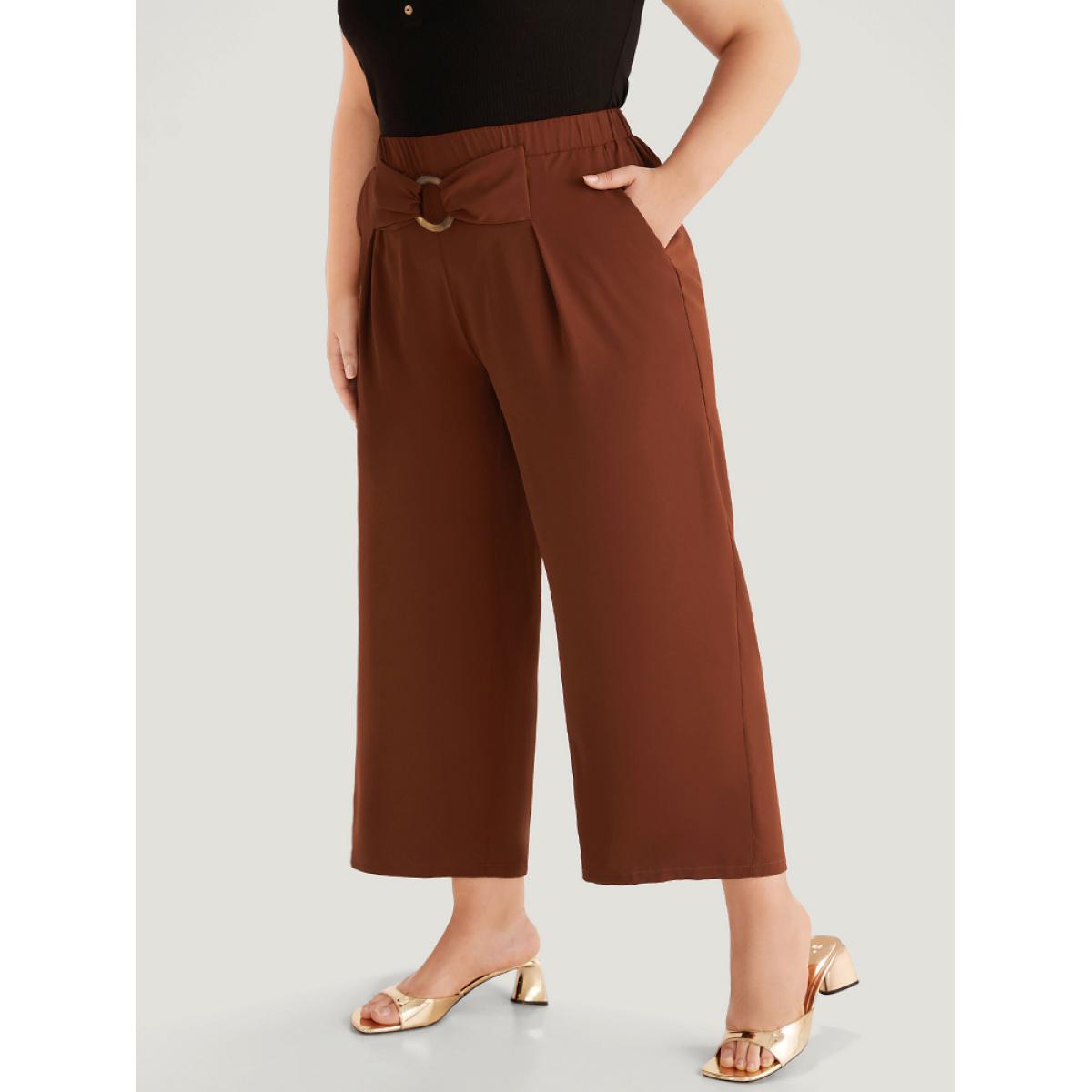 Plus Size Solid Metal Buckle Detail Pleated Pants Women Maroon Work From Home Straight Leg High Rise Work Pants BloomChic 30/6X Product Image
