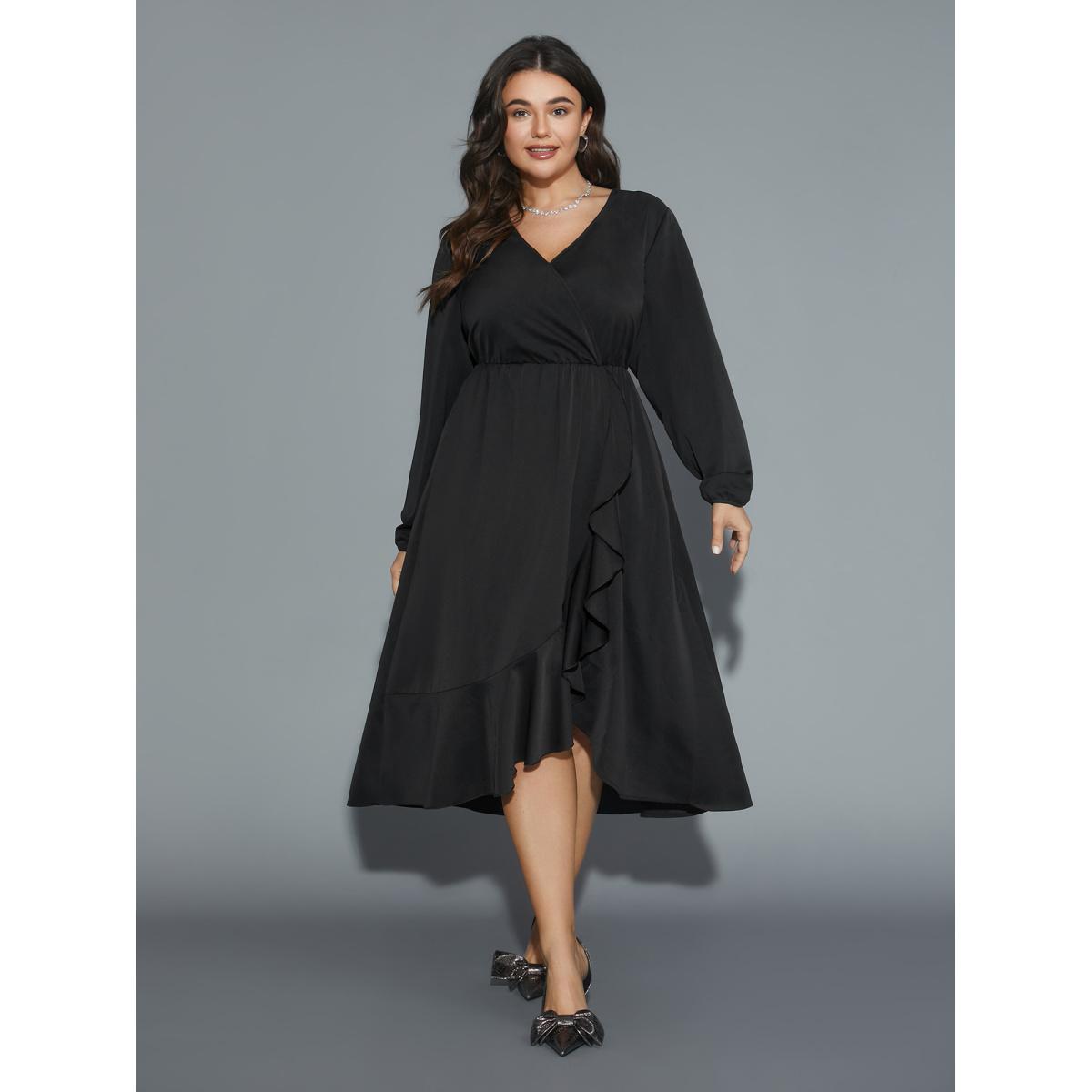 Plus Size Plain Overlap Collar Ruffle Trim Dress Black Women Elegant Overlapping Overlap Collar Long Sleeve Curvy BloomChic 18-20/2X Product Image