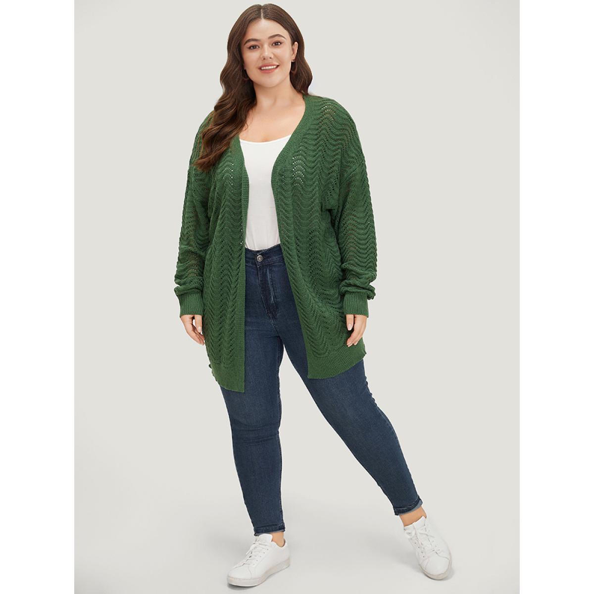 Plus Size Plain Open Front Split Side Cardigan Green Women Casual Loose Long Sleeve Everyday Cardigans BloomChic 26/4X Product Image