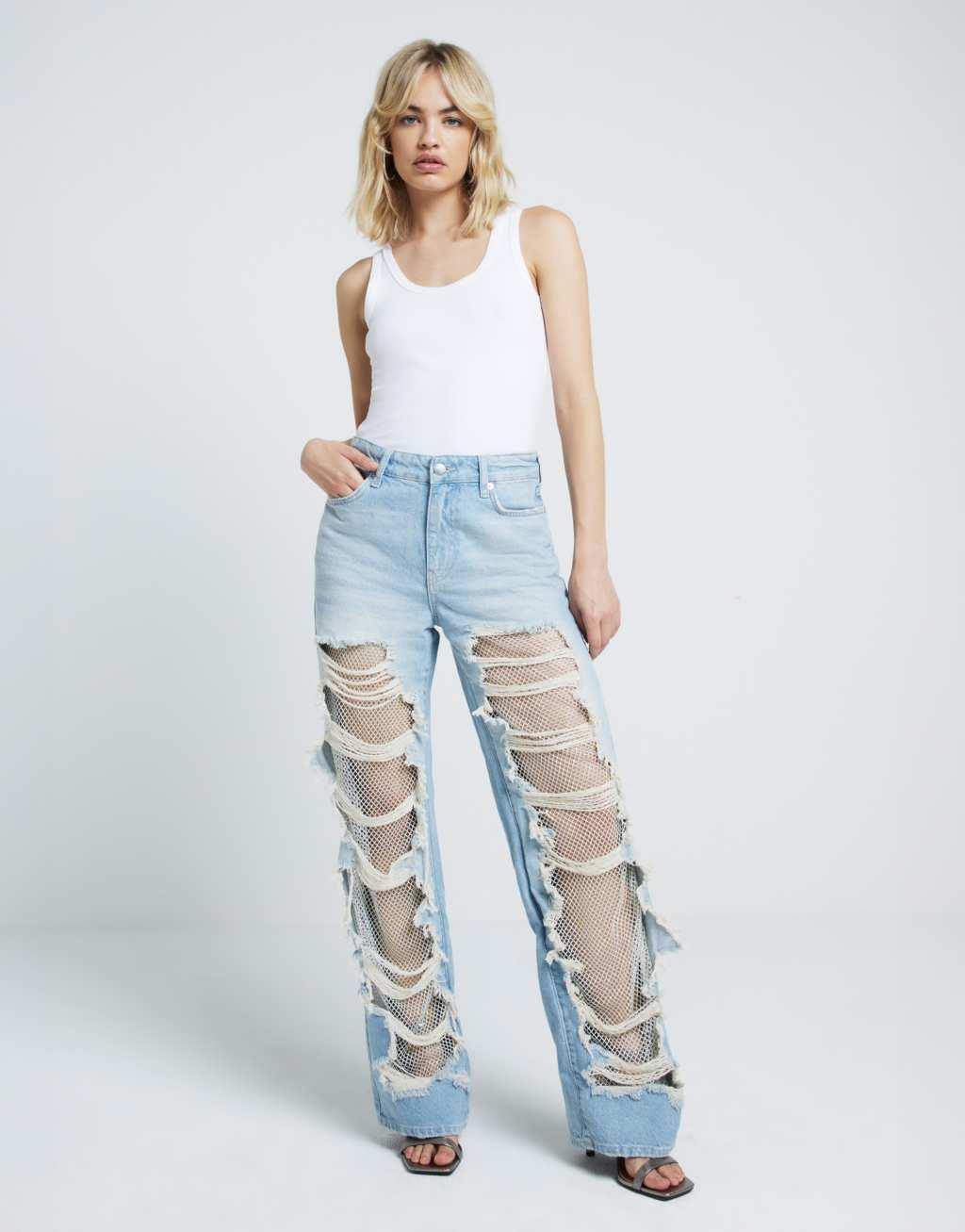 River Island bejeweled super distressed straight leg jeans in lightwash blue Product Image
