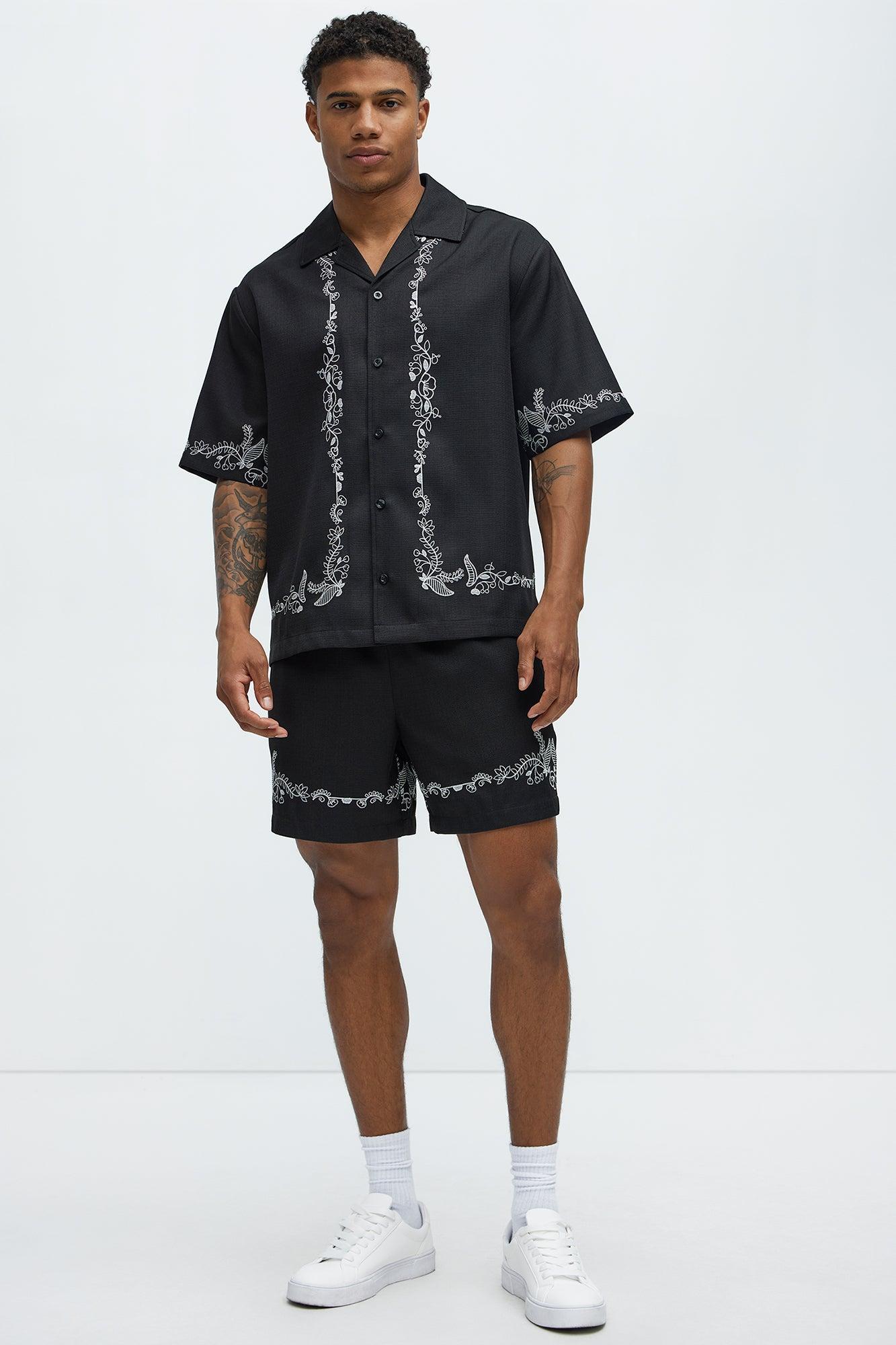 Vine Border Embroidery Cuban Shirt - Black Product Image