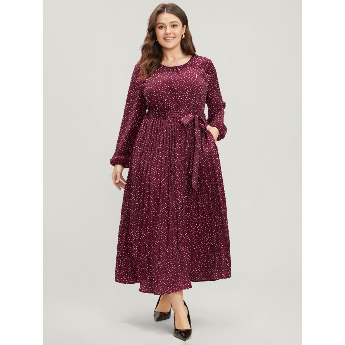 Plus Size Polka Dot Lantern Sleeve Pocket Belted Pleated Dress Purple Women Elegant Gathered Round Neck Long Sleeve Curvy Long Dress BloomChic 14-16/1X Product Image