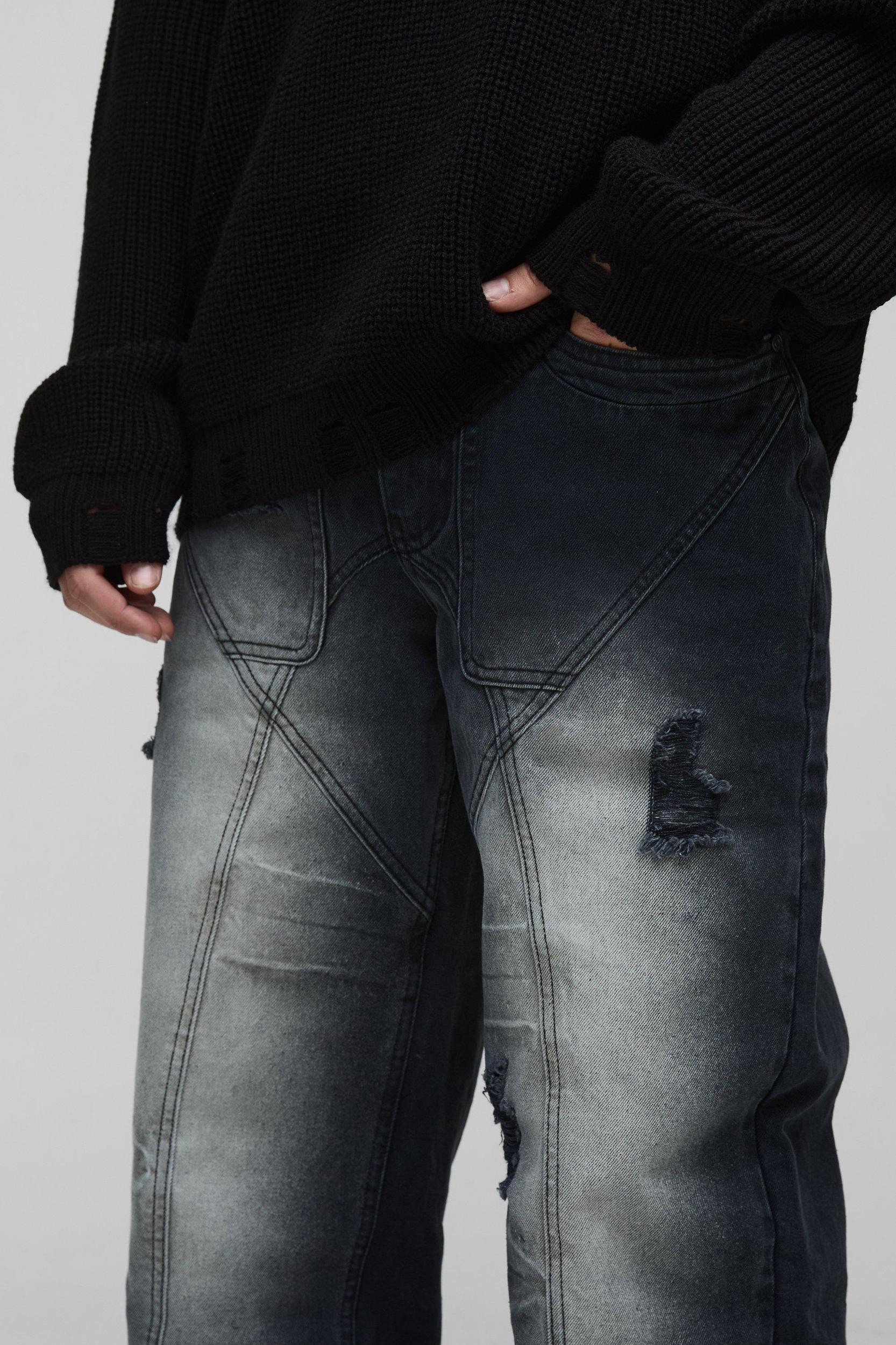 Relaxed Rigid Distressed Panelled Crinkle Wash Denim Jeans | boohooMAN USA Product Image