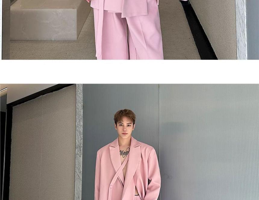 Set: Mock Two-Piece Peak Lapel Plain Buttoned Slit Blazer + Mid Rise Wide Leg Dress Pants Product Image