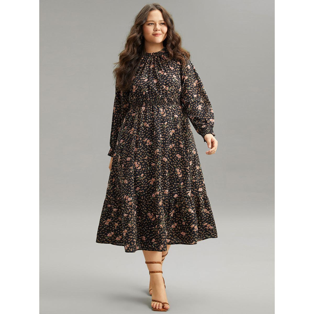 Plus Size Ditsy Floral Shirred Flutter Trim Keyhole Dress Black Women Elegant Printed Mock Neck Long Sleeve Curvy Midi Dress BloomChic 18-20/2X Product Image