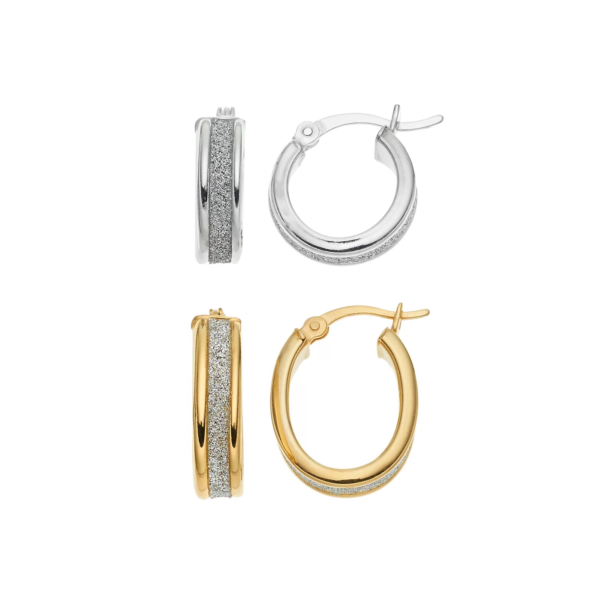 Platinum Over Silver & 18k Gold Over Silver Hoop Earring Set, Women's, Yellow Product Image