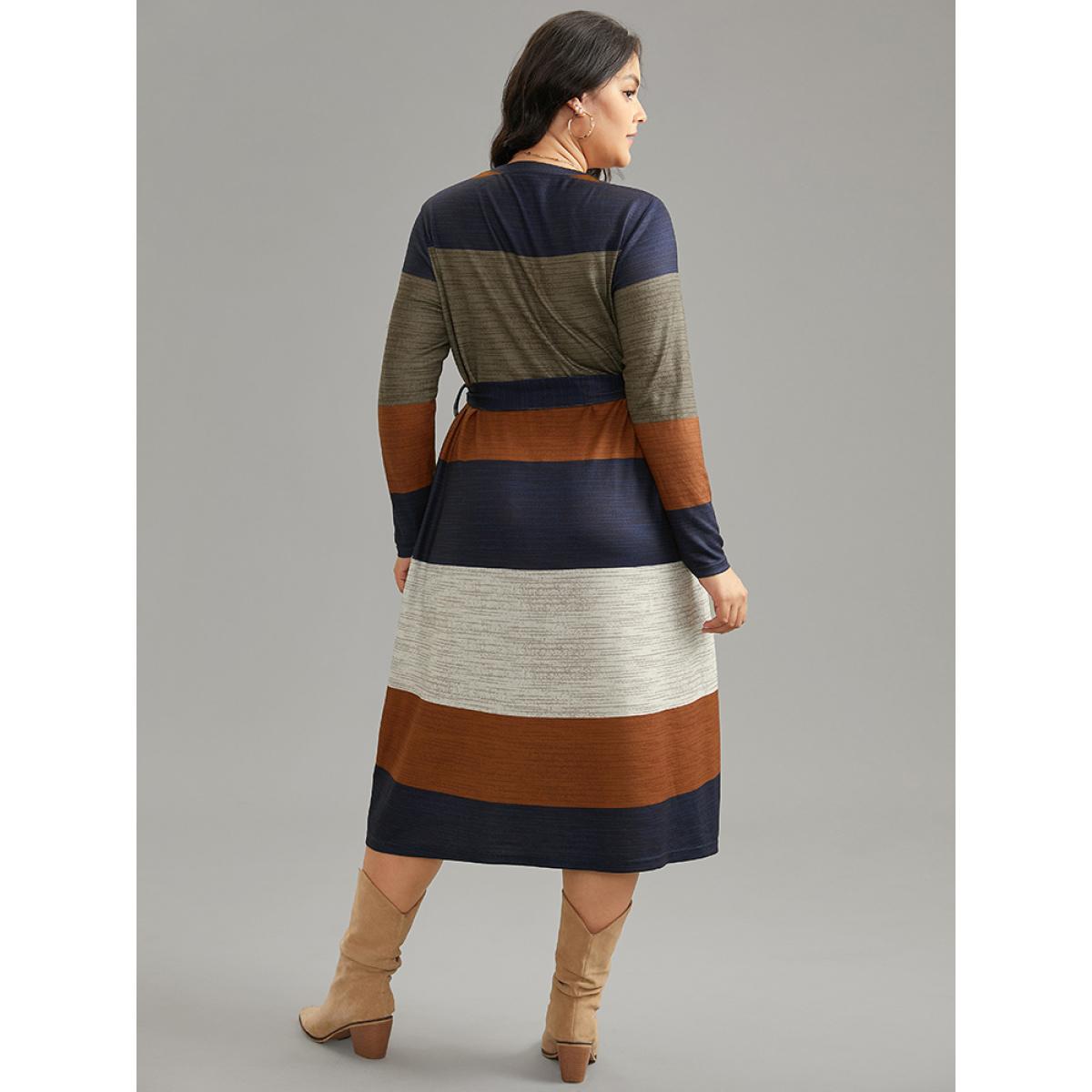 Plus Size Colorblock Contrast Heather Belted Dress Multicolor Women Casual Non Round Neck Long Sleeve Curvy Midi Dress BloomChic 12/L Product Image