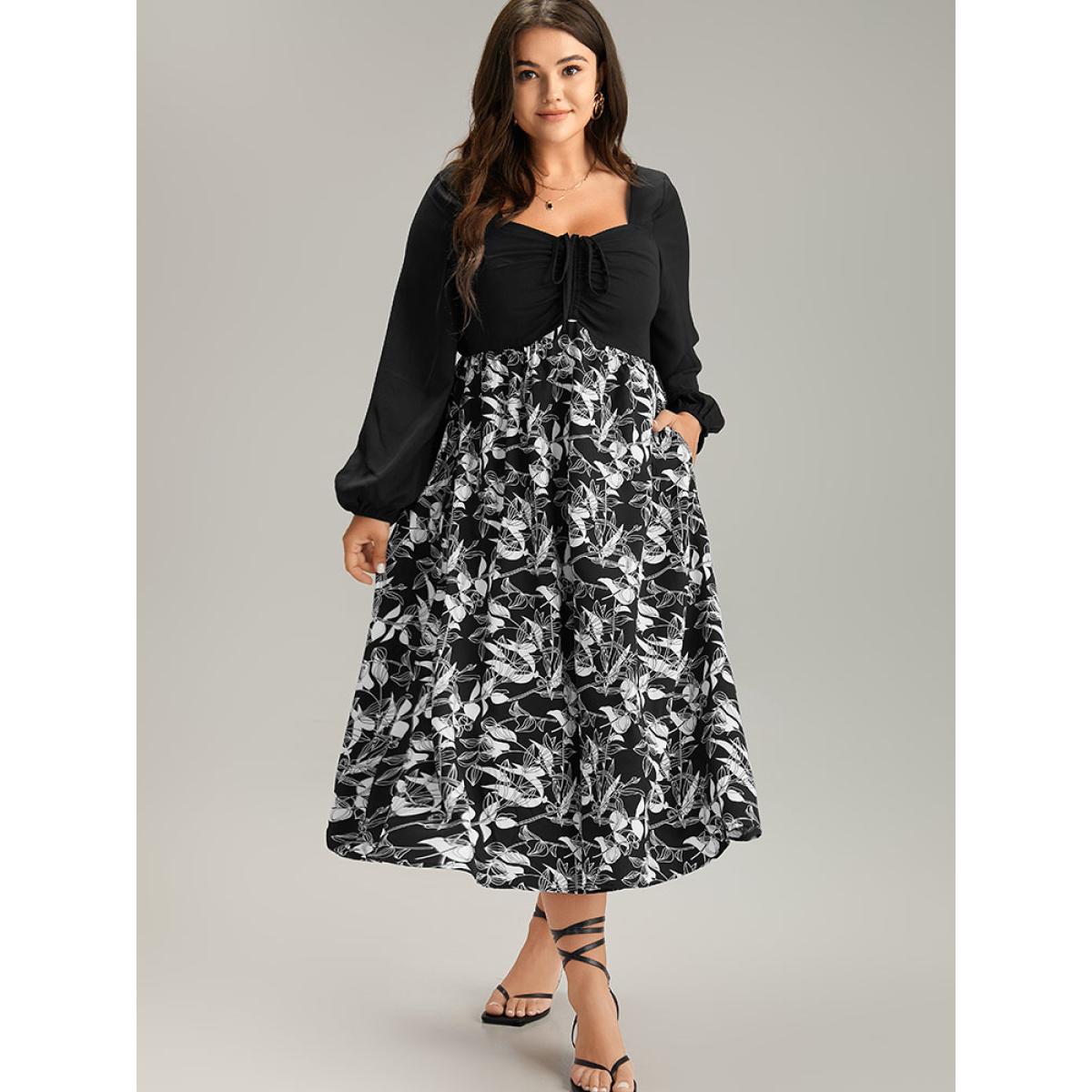 Plus Size Floral Print Ruched Bowknot Patchwork Dress Black Women Elegant Elastic cuffs Square Neck Long Sleeve Curvy Midi Dress BloomChic 18-20/2X Product Image