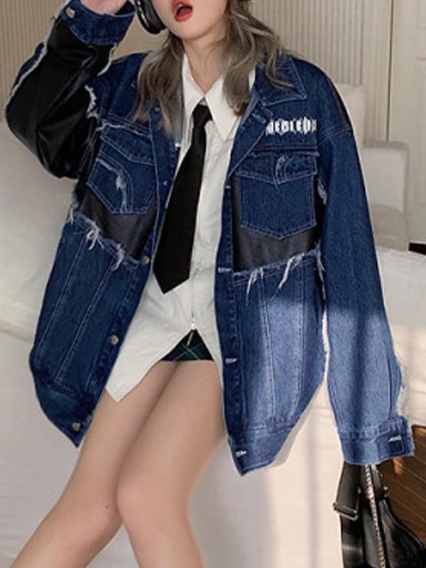 Leather Splice Raw Trim Denim Jacket Product Image