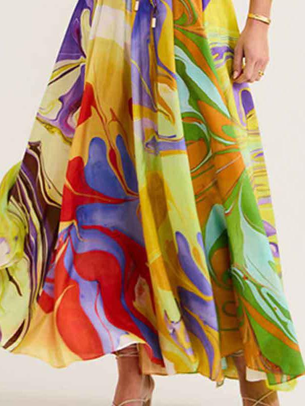 Loose Asymmetric Printed Lapel Blouse + A-Line Drawstring Elasticity Skirt Two Pieces Set Product Image