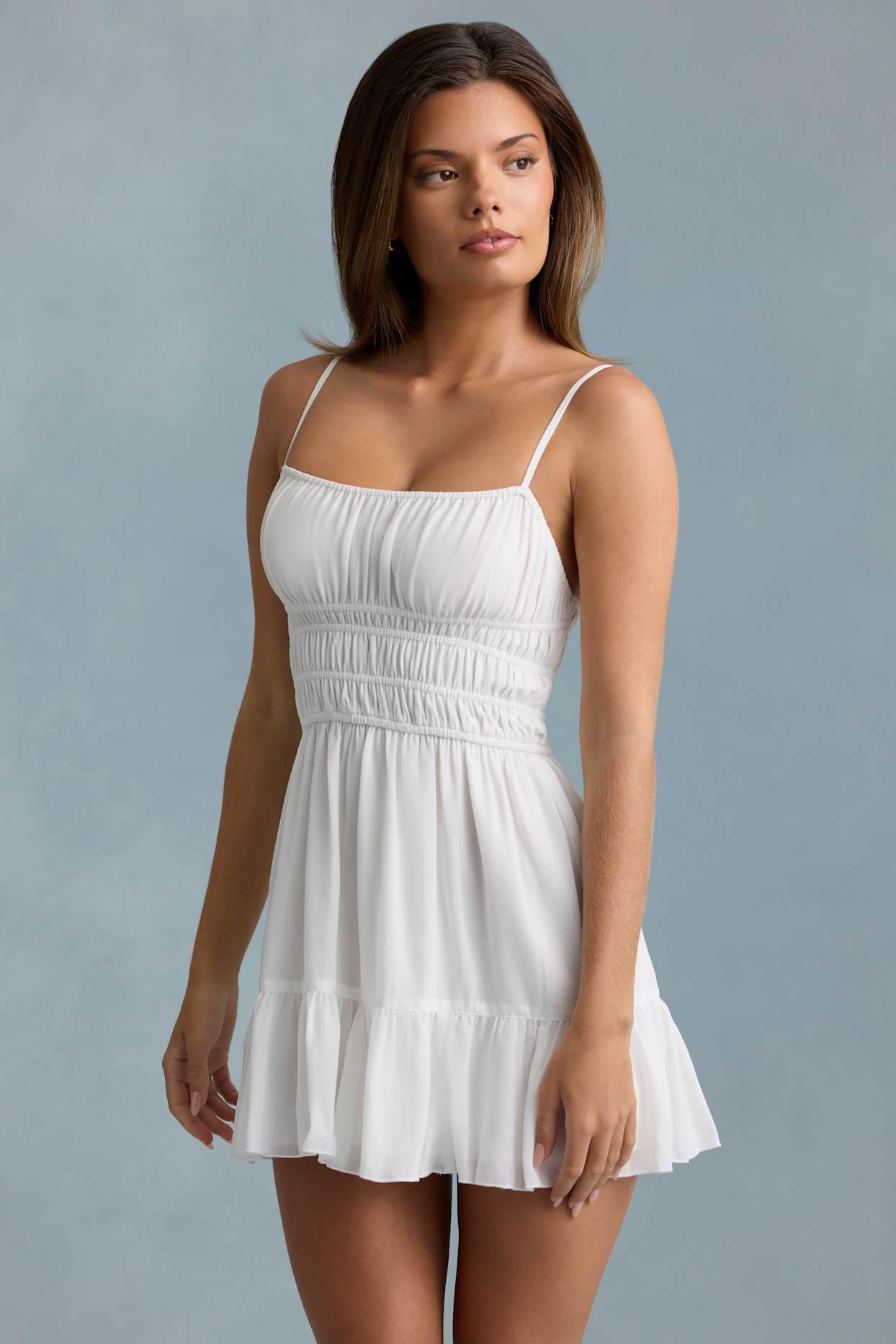 Shirred Camisole Mini Dress in White Product Image